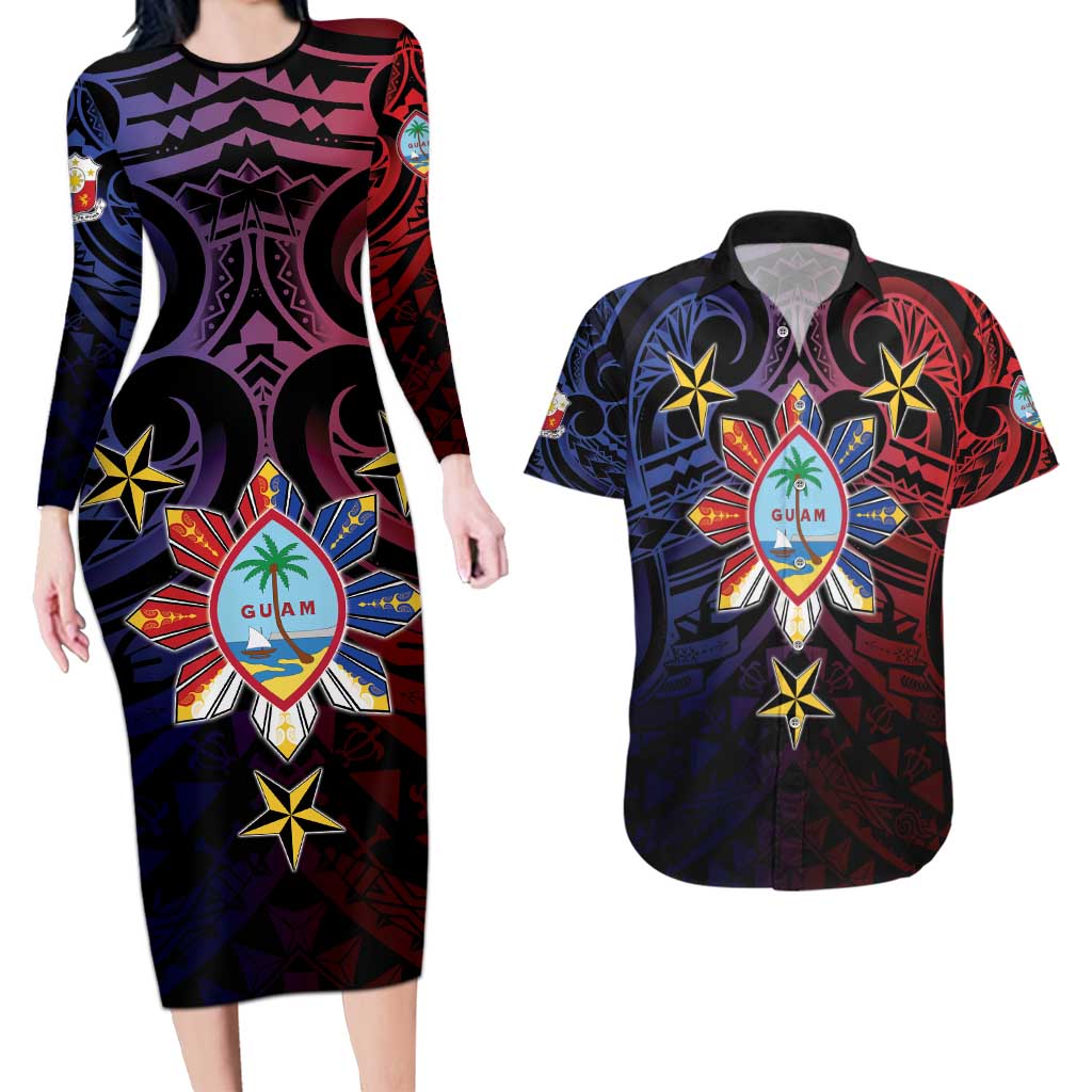 Philippines Guam Couples Matching Long Sleeve Bodycon Dress and Hawaiian Shirt Filipino Sun With Guaman Seal