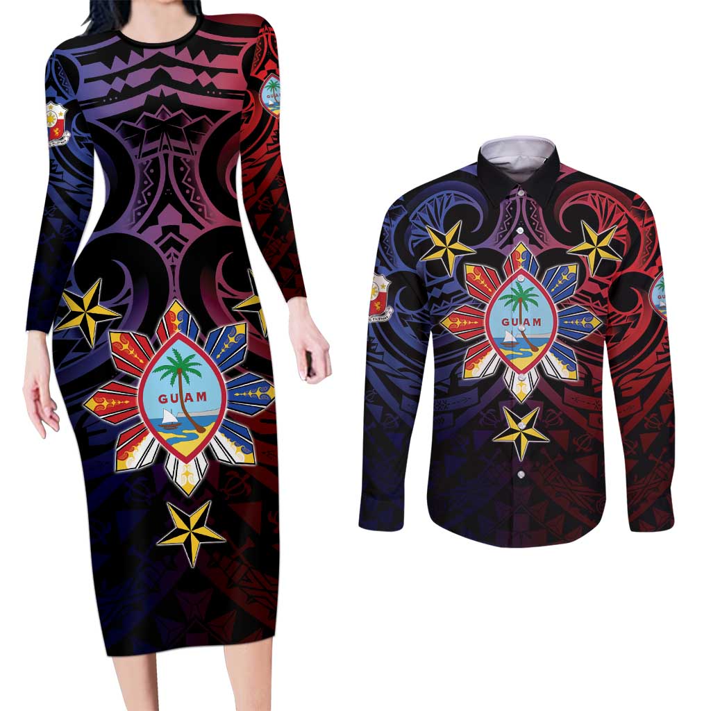 Philippines Guam Couples Matching Long Sleeve Bodycon Dress and Long Sleeve Button Shirt Filipino Sun With Guaman Seal
