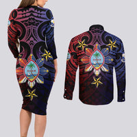 Philippines Guam Couples Matching Long Sleeve Bodycon Dress and Long Sleeve Button Shirt Filipino Sun With Guaman Seal