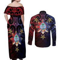 Philippines Guam Couples Matching Off Shoulder Maxi Dress and Long Sleeve Button Shirt Filipino Sun With Guaman Seal