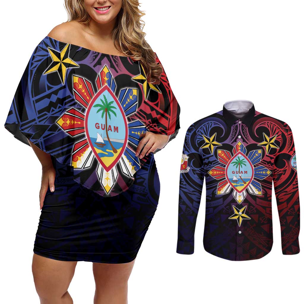 Philippines Guam Couples Matching Off Shoulder Short Dress and Long Sleeve Button Shirt Filipino Sun With Guaman Seal