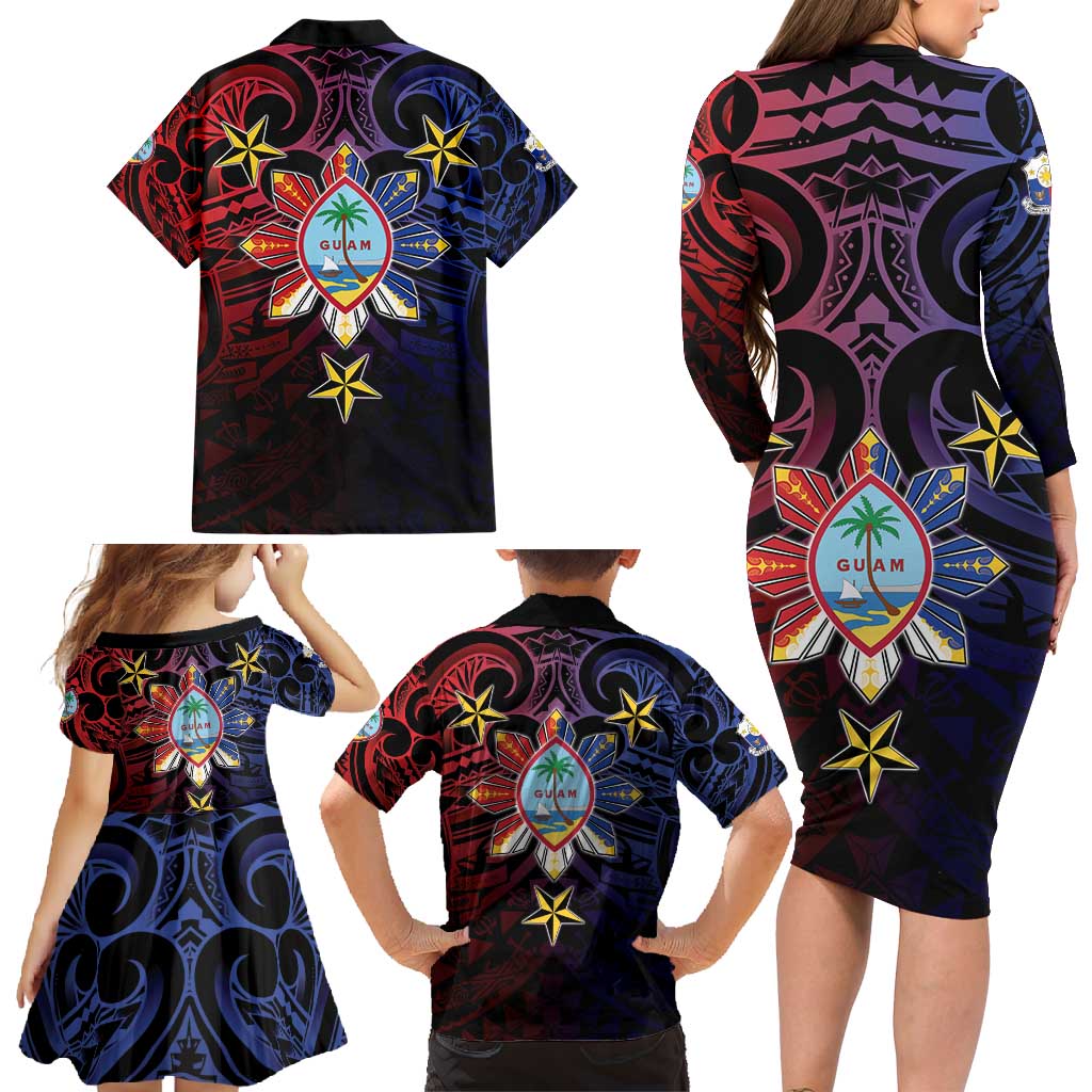 Philippines Guam Family Matching Long Sleeve Bodycon Dress and Hawaiian Shirt Filipino Sun With Guaman Seal
