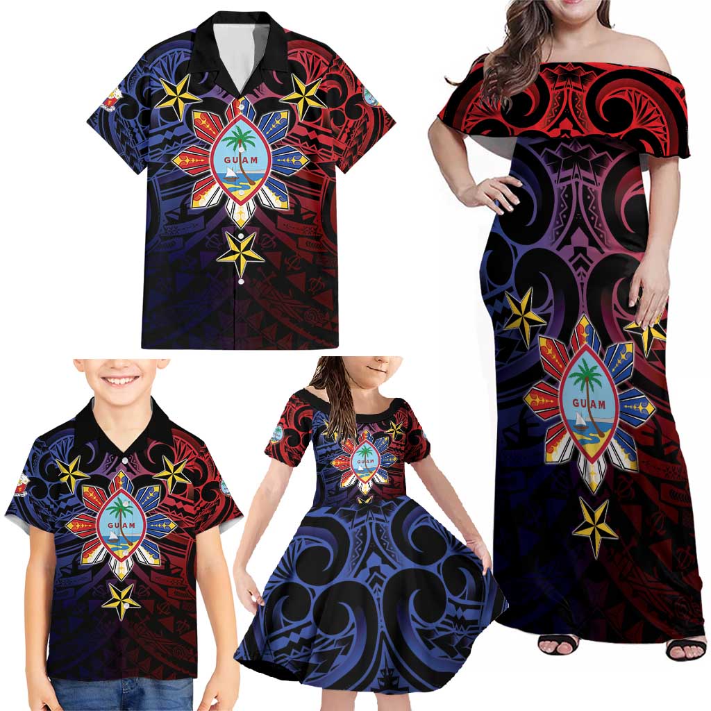 Philippines Guam Family Matching Off Shoulder Maxi Dress and Hawaiian Shirt Filipino Sun With Guaman Seal