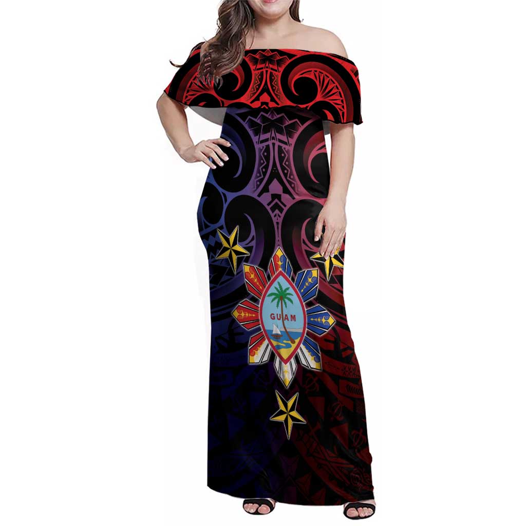Philippines Guam Family Matching Off Shoulder Maxi Dress and Hawaiian Shirt Filipino Sun With Guaman Seal