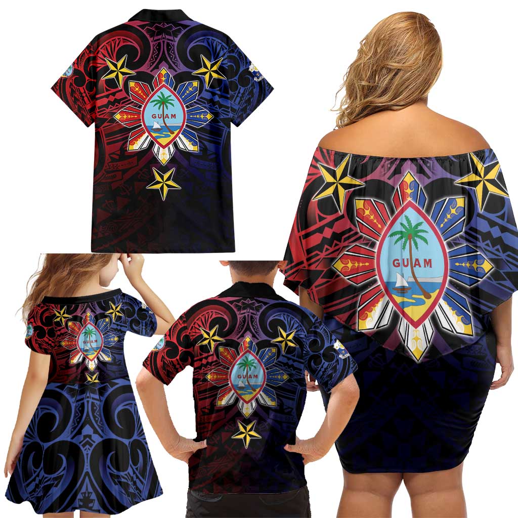 Philippines Guam Family Matching Off Shoulder Short Dress and Hawaiian Shirt Filipino Sun With Guaman Seal