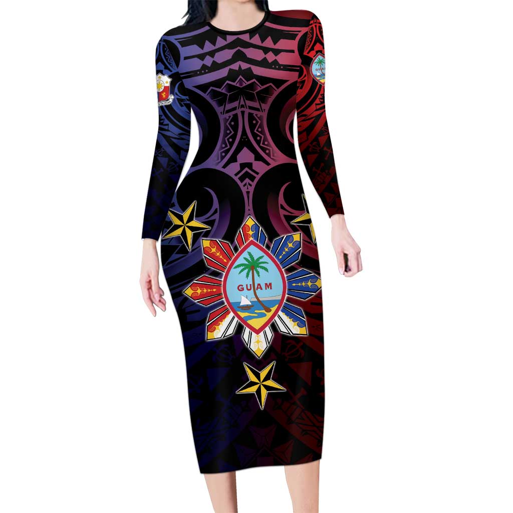 Philippines Guam Long Sleeve Bodycon Dress Filipino Sun With Guaman Seal