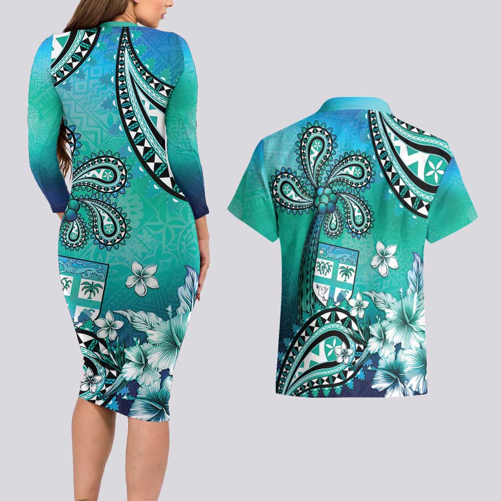 Fiji Born Indian Couples Matching Long Sleeve Bodycon Dress and Hawaiian Shirt Palm Paisley With Tapa Pattern