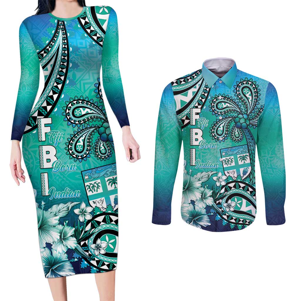Fiji Born Indian Couples Matching Long Sleeve Bodycon Dress and Long Sleeve Button Shirt Palm Paisley With Tapa Pattern