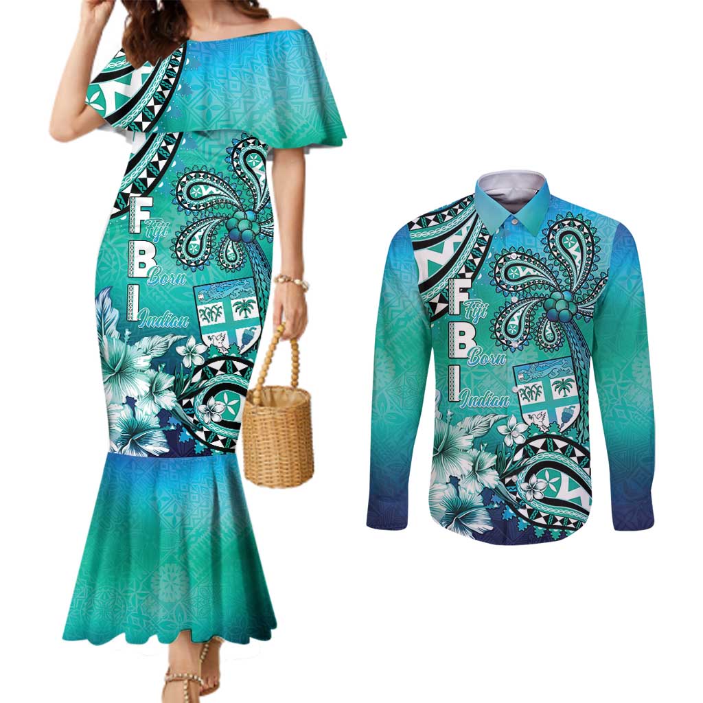 Fiji Born Indian Couples Matching Mermaid Dress and Long Sleeve Button Shirt Palm Paisley With Tapa Pattern