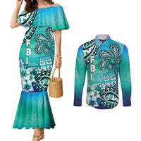 Fiji Born Indian Couples Matching Mermaid Dress and Long Sleeve Button Shirt Palm Paisley With Tapa Pattern