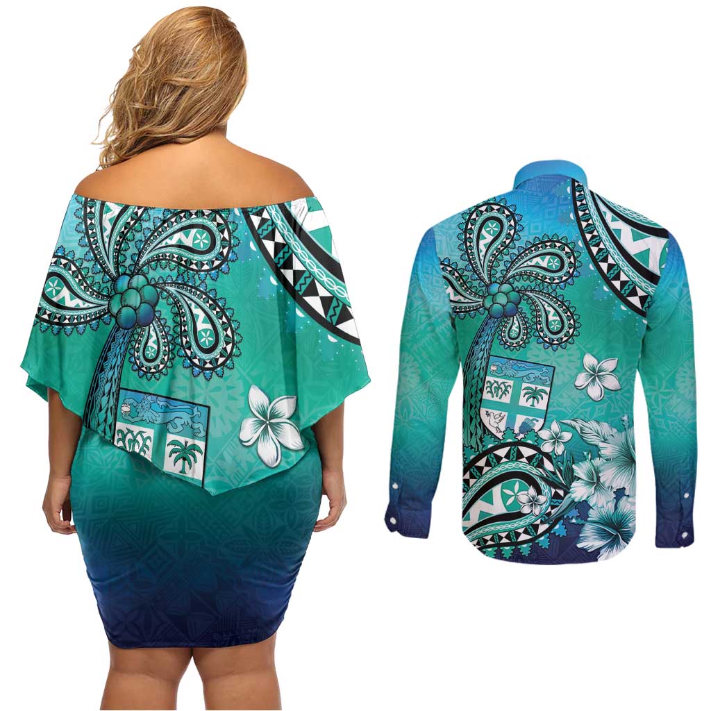 Fiji Born Indian Couples Matching Off Shoulder Short Dress and Long Sleeve Button Shirt Palm Paisley With Tapa Pattern