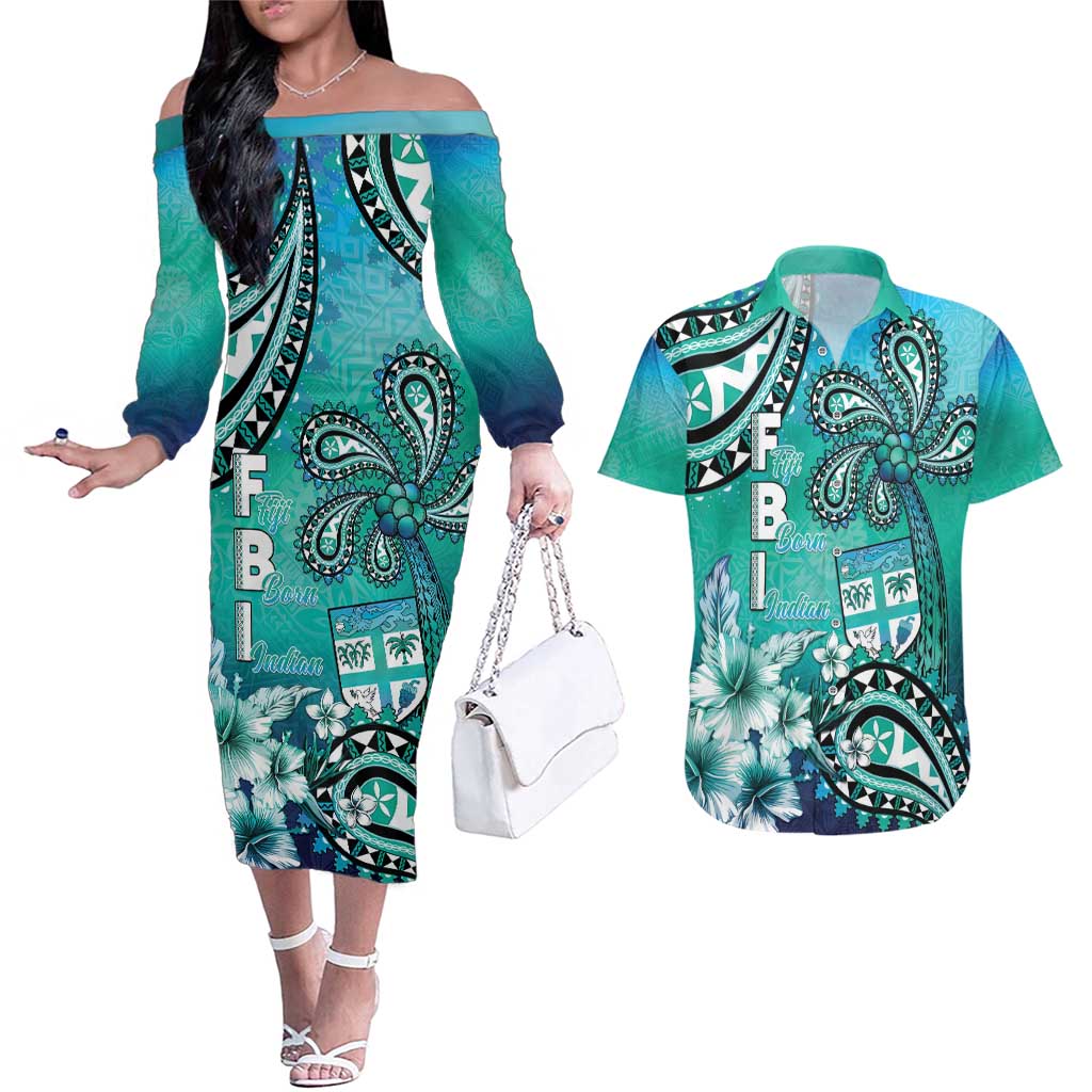 Fiji Born Indian Couples Matching Off The Shoulder Long Sleeve Dress and Hawaiian Shirt Palm Paisley With Tapa Pattern