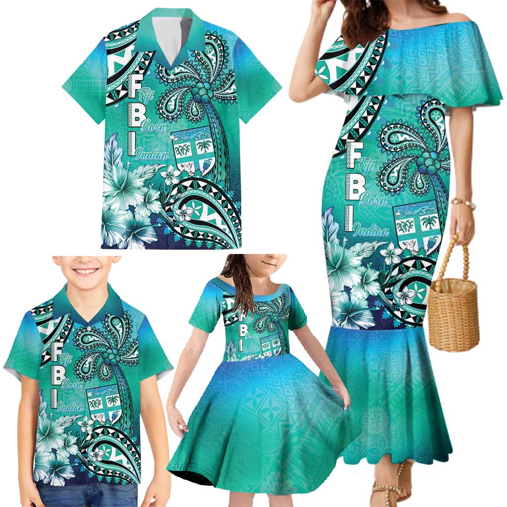 Fiji Born Indian Family Matching Mermaid Dress and Hawaiian Shirt Palm Paisley With Tapa Pattern