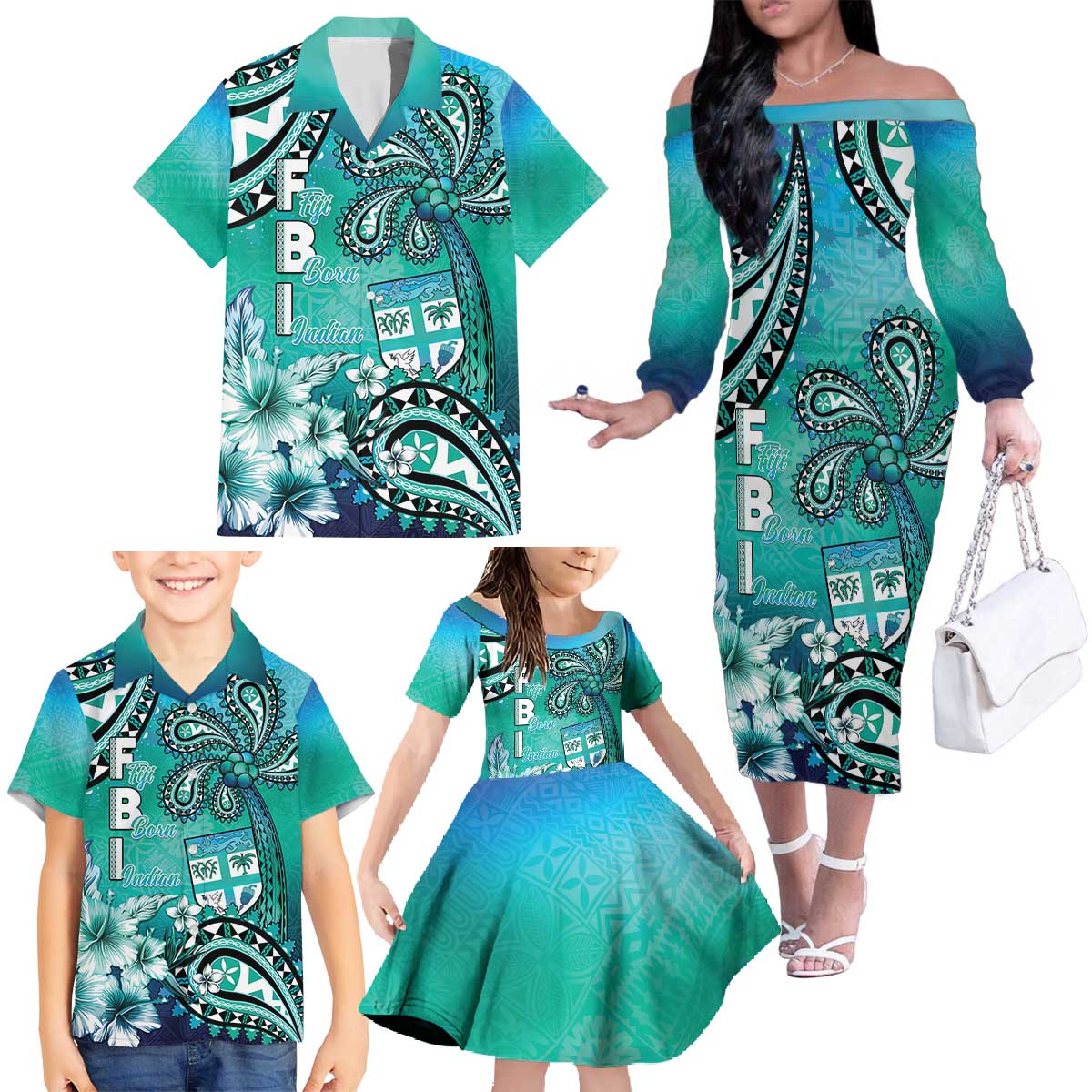 Fiji Born Indian Family Matching Off The Shoulder Long Sleeve Dress and Hawaiian Shirt Palm Paisley With Tapa Pattern
