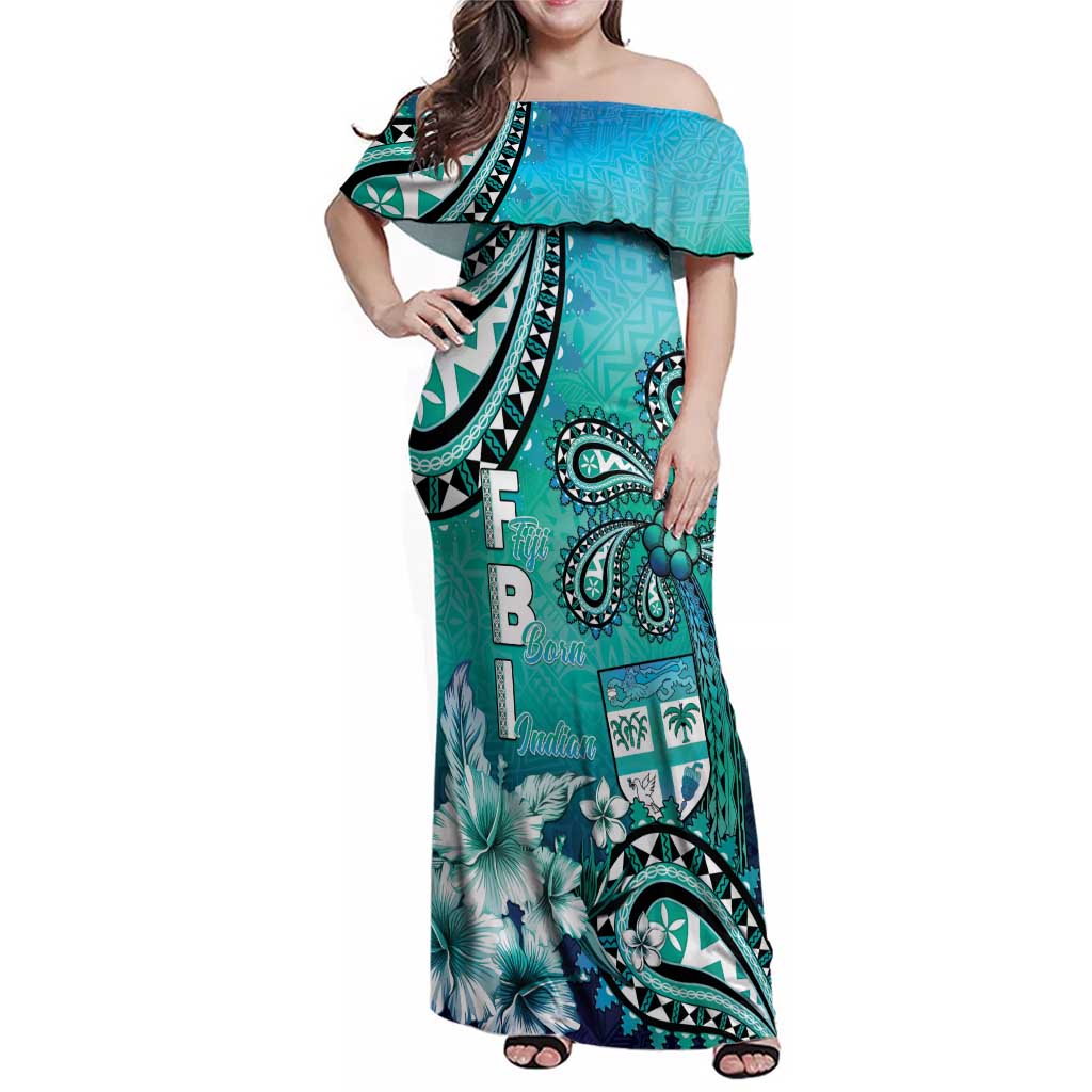 Fiji Born Indian Family Matching Off Shoulder Maxi Dress and Hawaiian Shirt Palm Paisley With Tapa Pattern