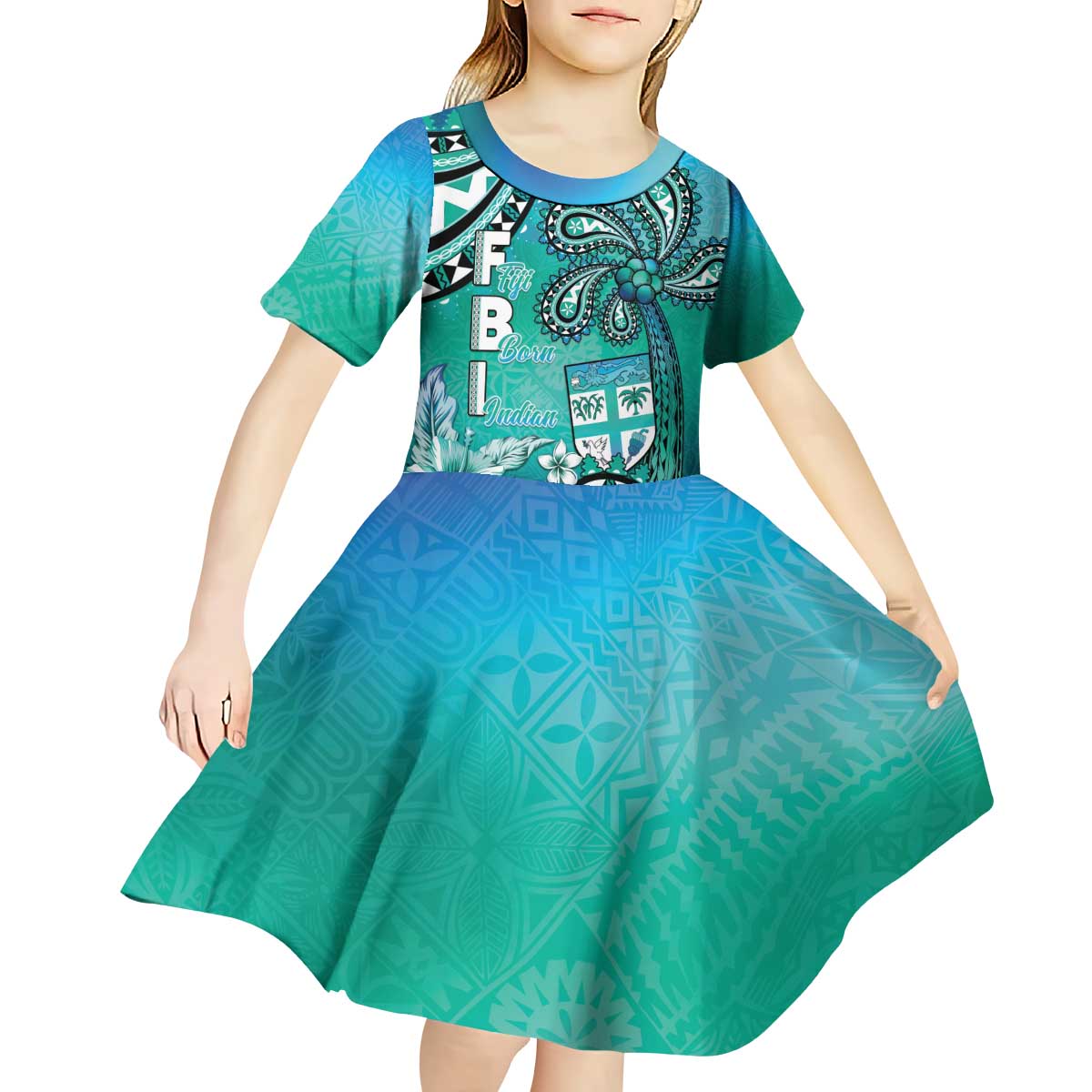 Fiji Born Indian Kid Short Sleeve Dress Palm Paisley With Tapa Pattern