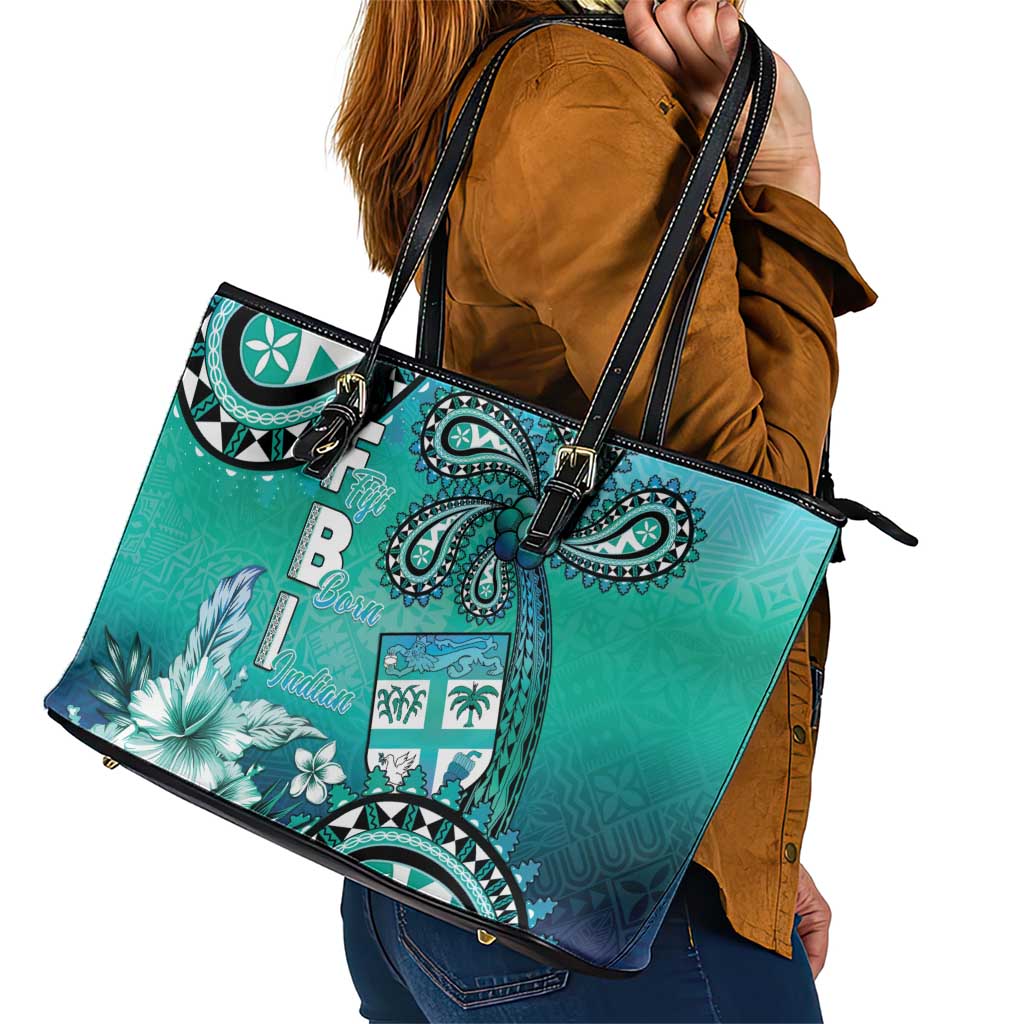Fiji Born Indian Leather Tote Bag Palm Paisley With Tapa Pattern
