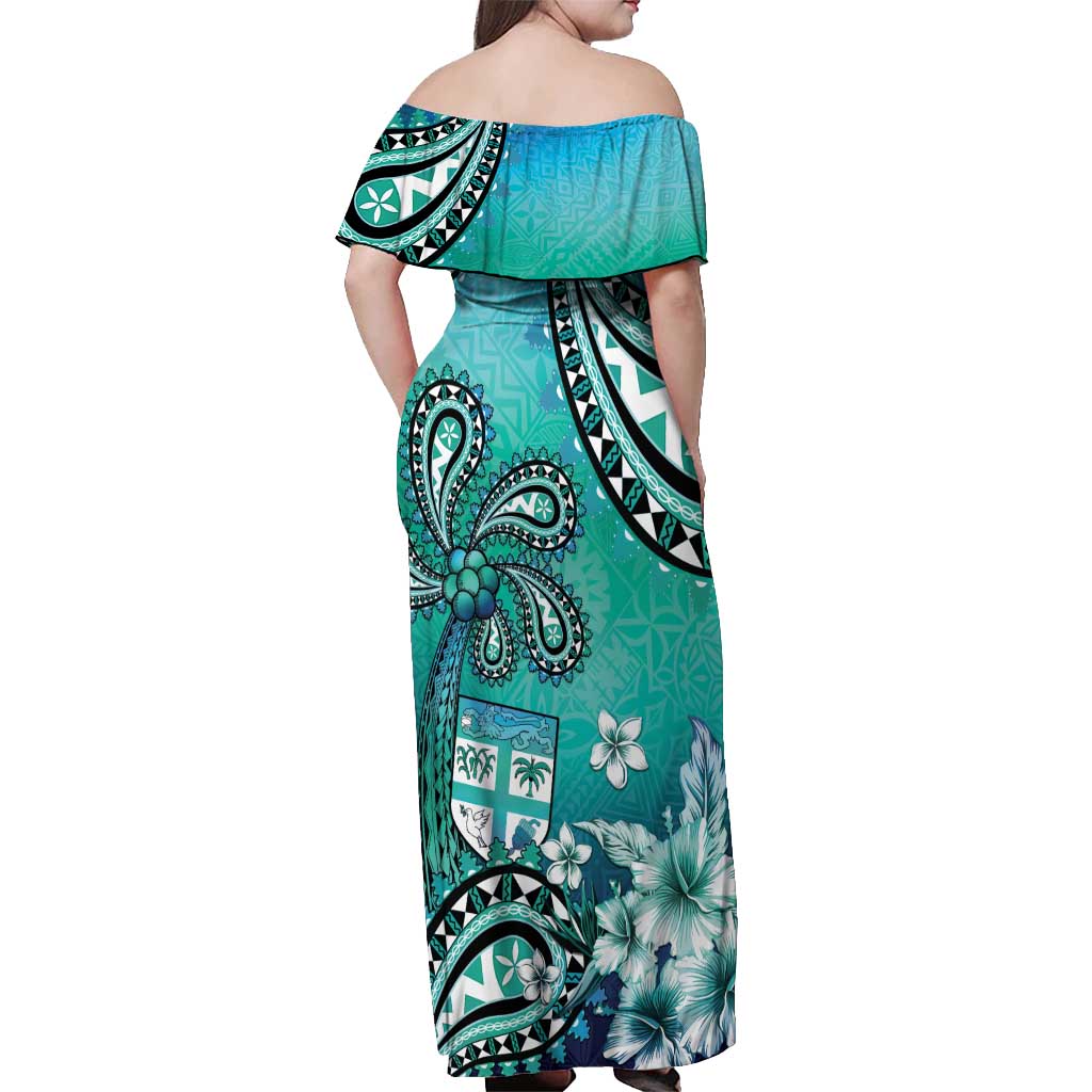 Fiji Born Indian Off Shoulder Maxi Dress Palm Paisley With Tapa Pattern