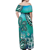 Fiji Born Indian Off Shoulder Maxi Dress Palm Paisley With Tapa Pattern