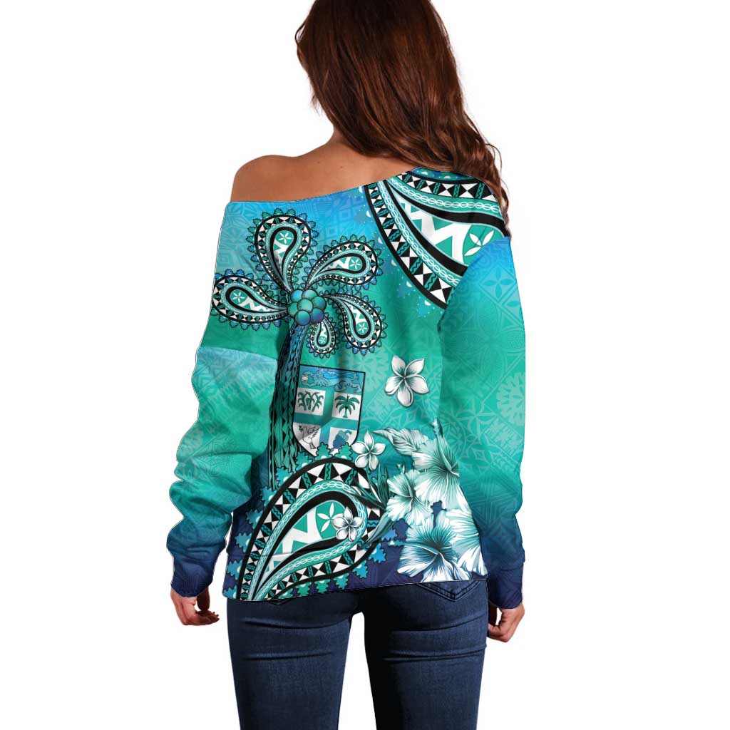 Fiji Born Indian Off Shoulder Sweater Palm Paisley With Tapa Pattern