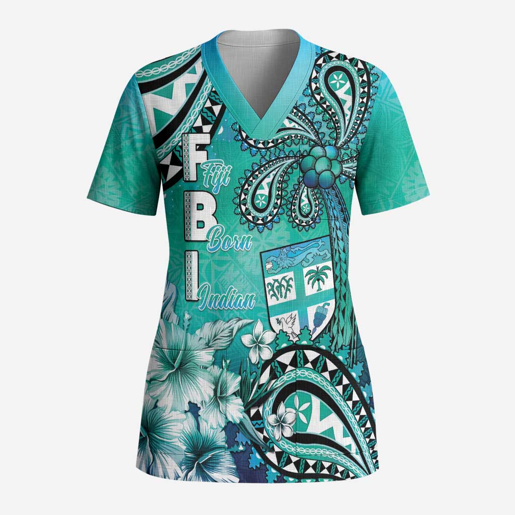 Fiji Born Indian Scrub Top Palm Paisley With Tapa Pattern - Polynesian Pride