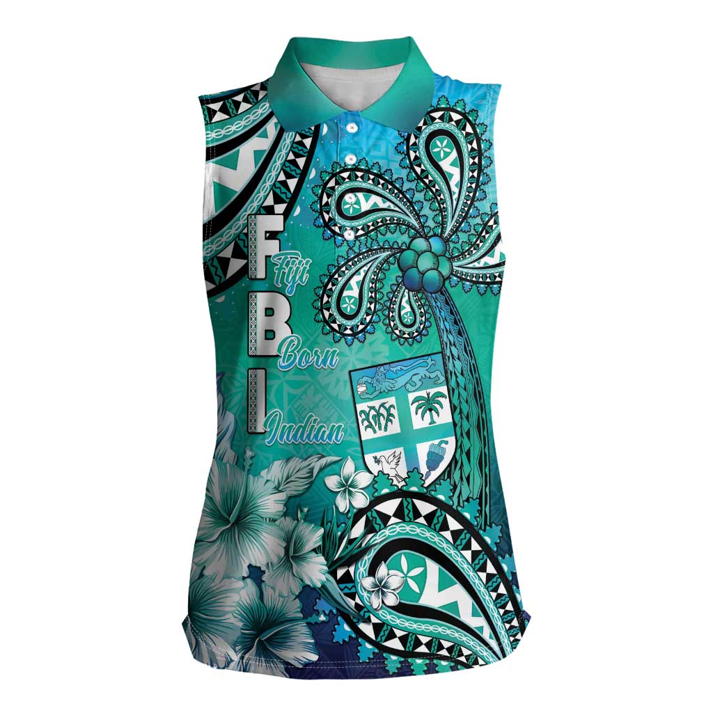 Fiji Born Indian Women Sleeveless Polo Shirt Palm Paisley With Tapa Pattern