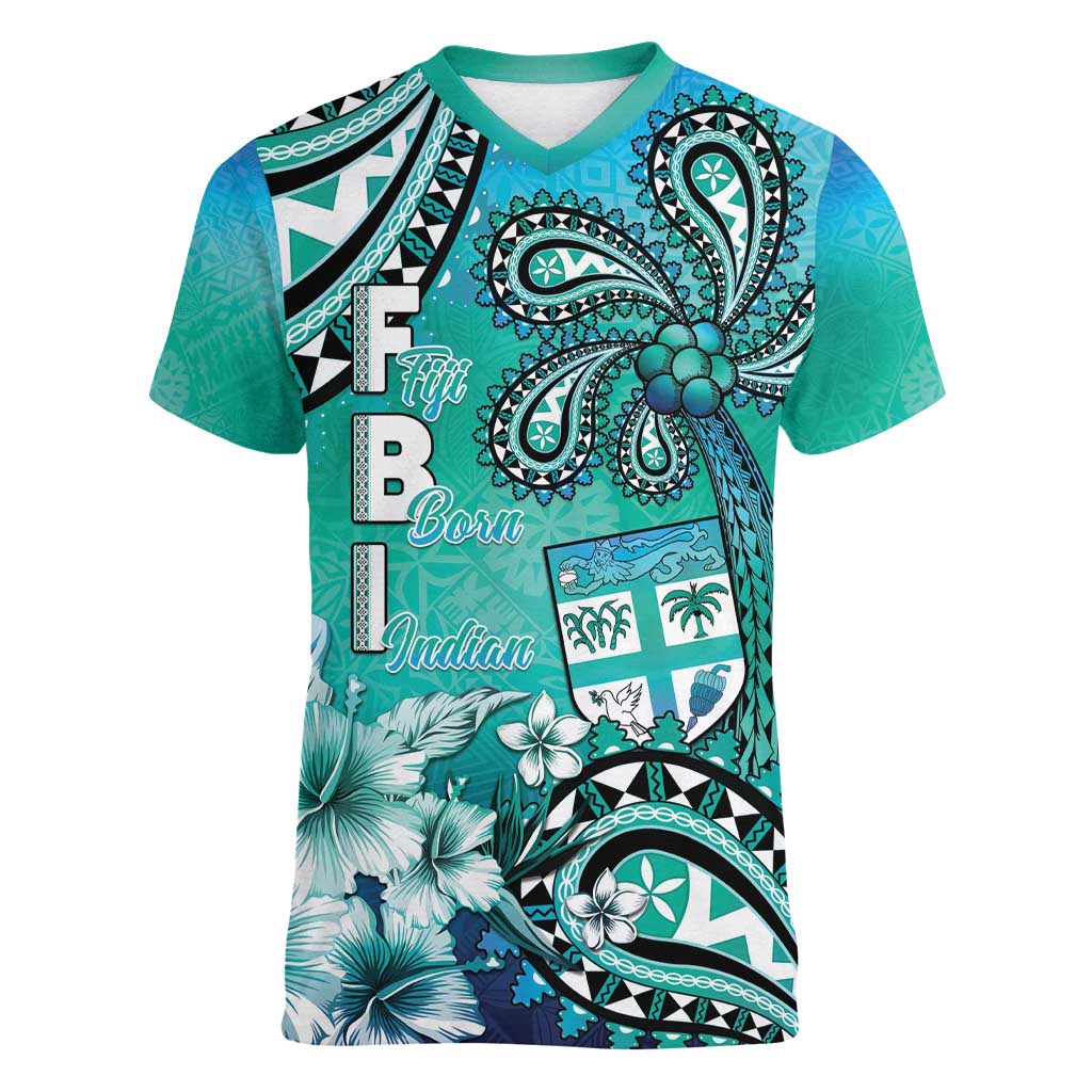 Fiji Born Indian Women V-Neck T-Shirt Palm Paisley With Tapa Pattern