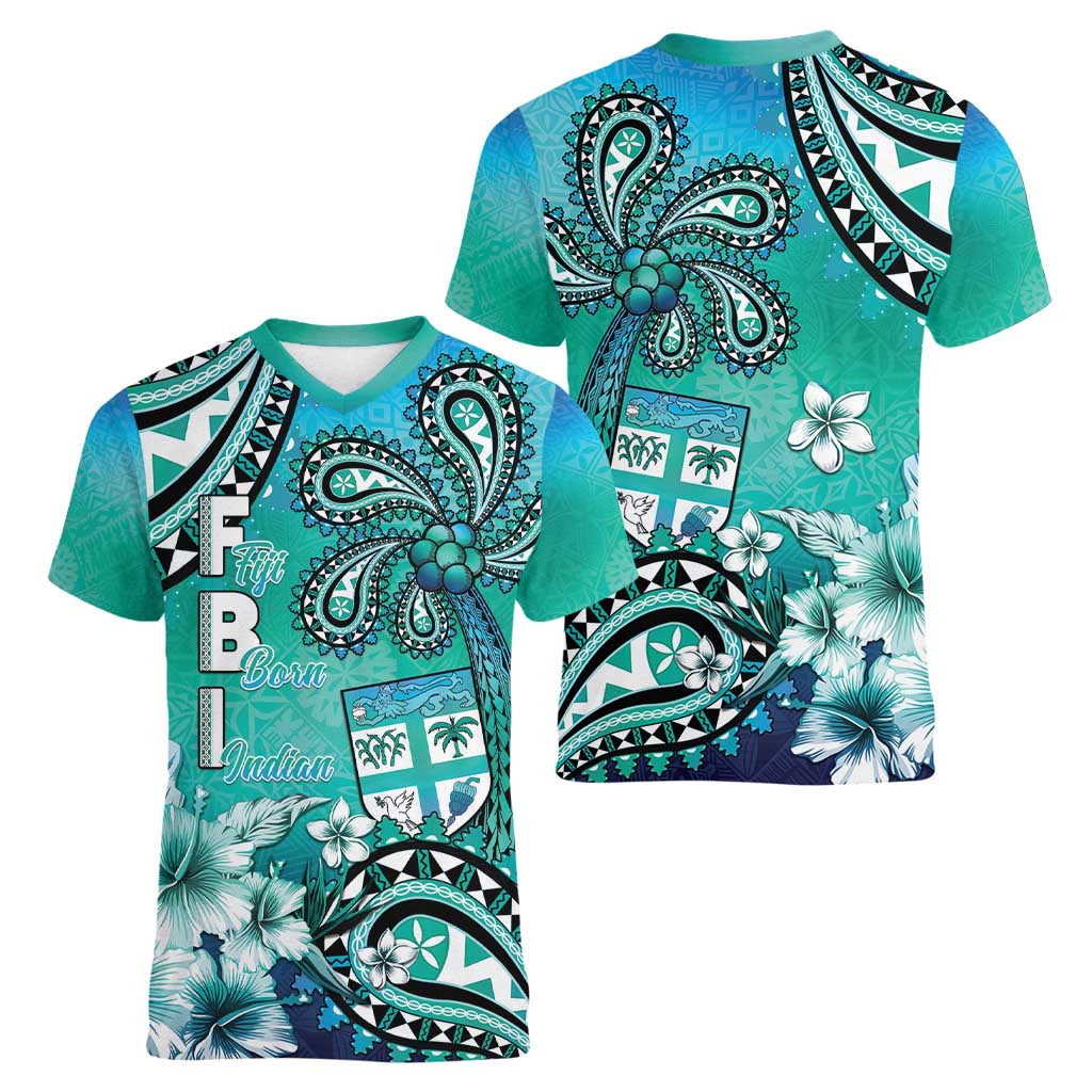 Fiji Born Indian Women V-Neck T-Shirt Palm Paisley With Tapa Pattern