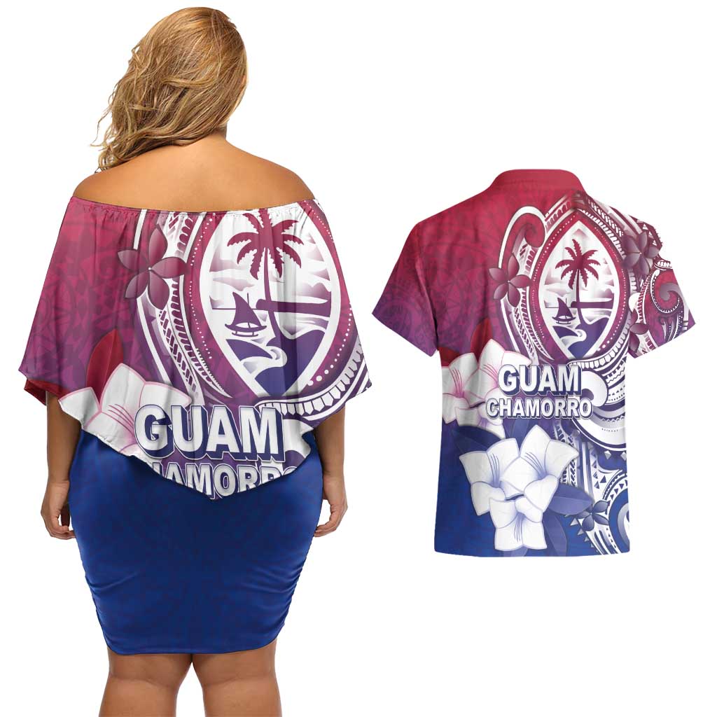 Guam Gadao Couples Matching Off Shoulder Short Dress and Hawaiian Shirt Hafa Adai Micronesian Tribal Pattern