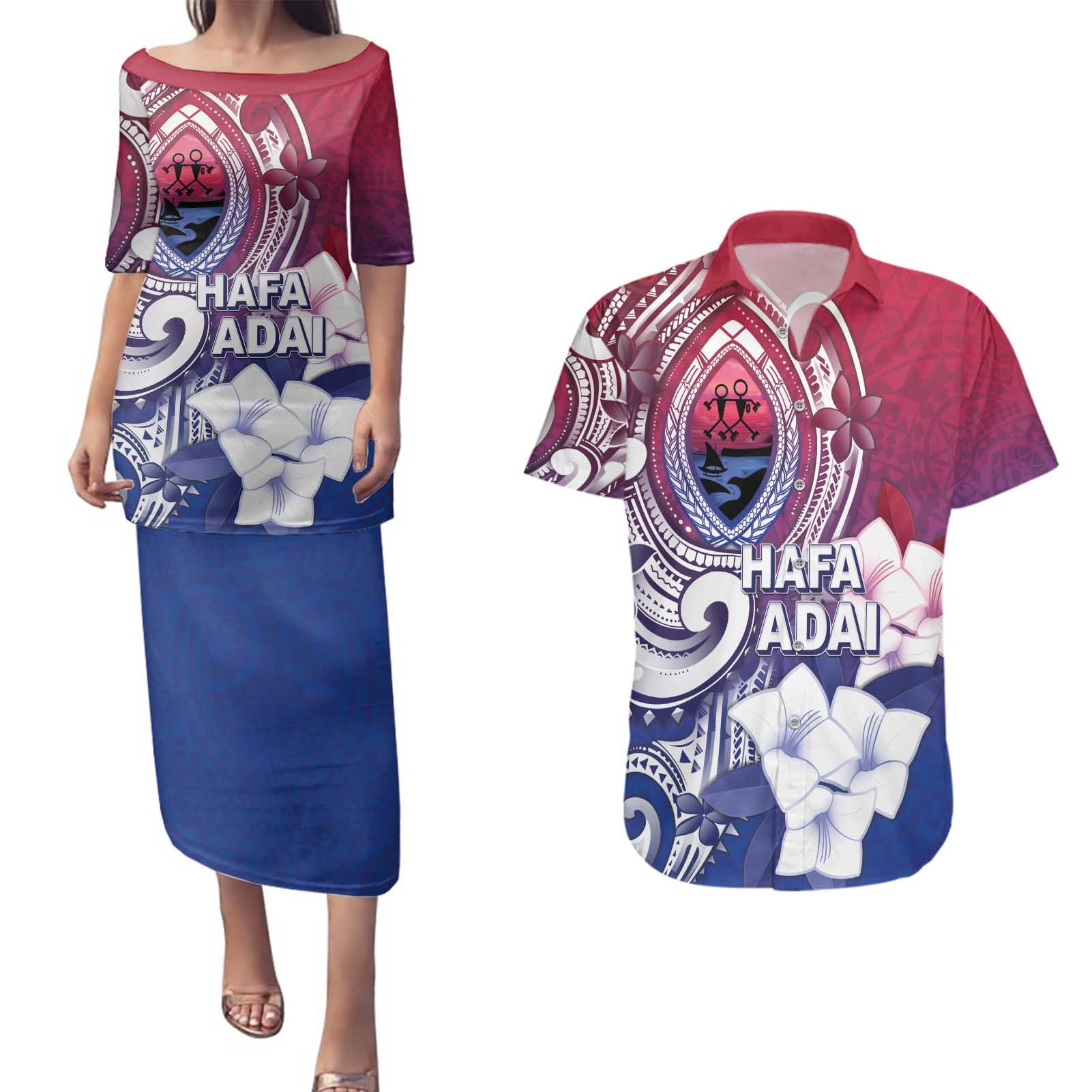 Guam Gadao Couples Matching Puletasi and Hawaiian Shirt Hafa Adai Micronesian Tribal Pattern