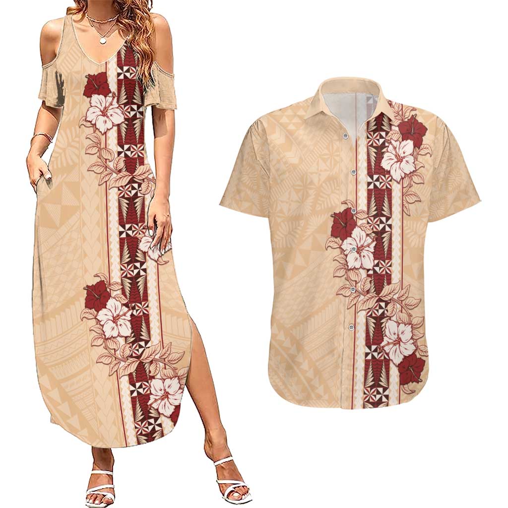 Tonga Language Week Couples Matching Summer Maxi Dress and Hawaiian Shirt Hibiscus Tongan Ngatu Pattern