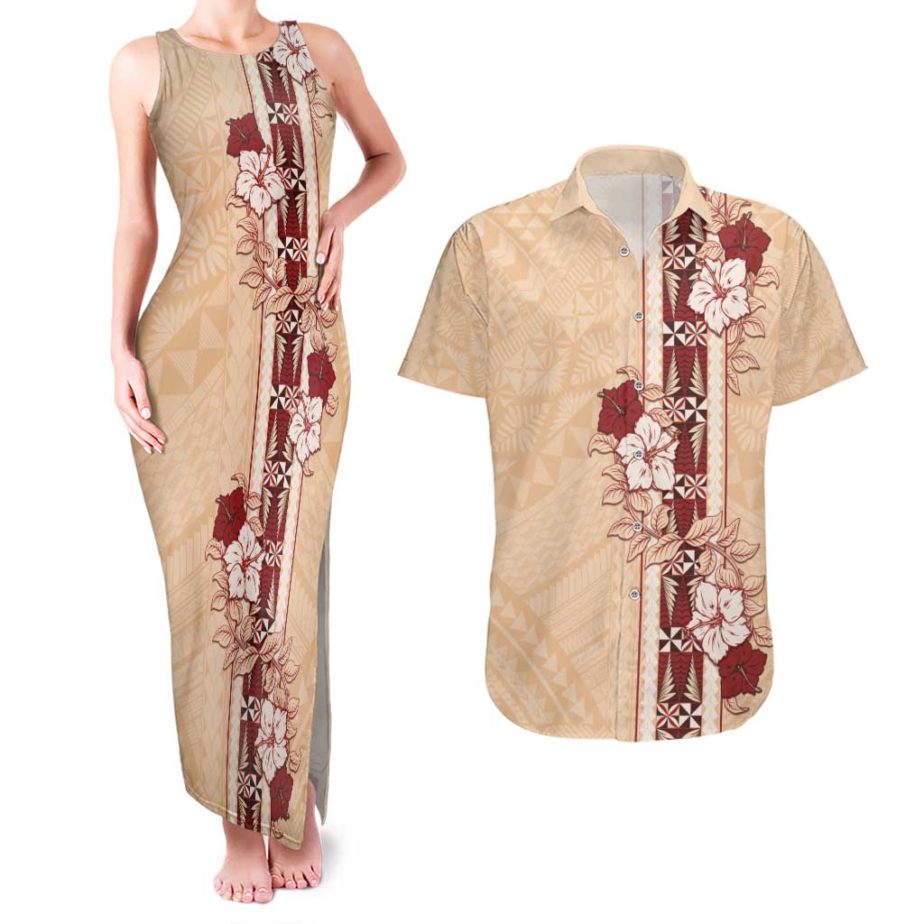 Tonga Language Week Couples Matching Tank Maxi Dress and Hawaiian Shirt Hibiscus Tongan Ngatu Pattern