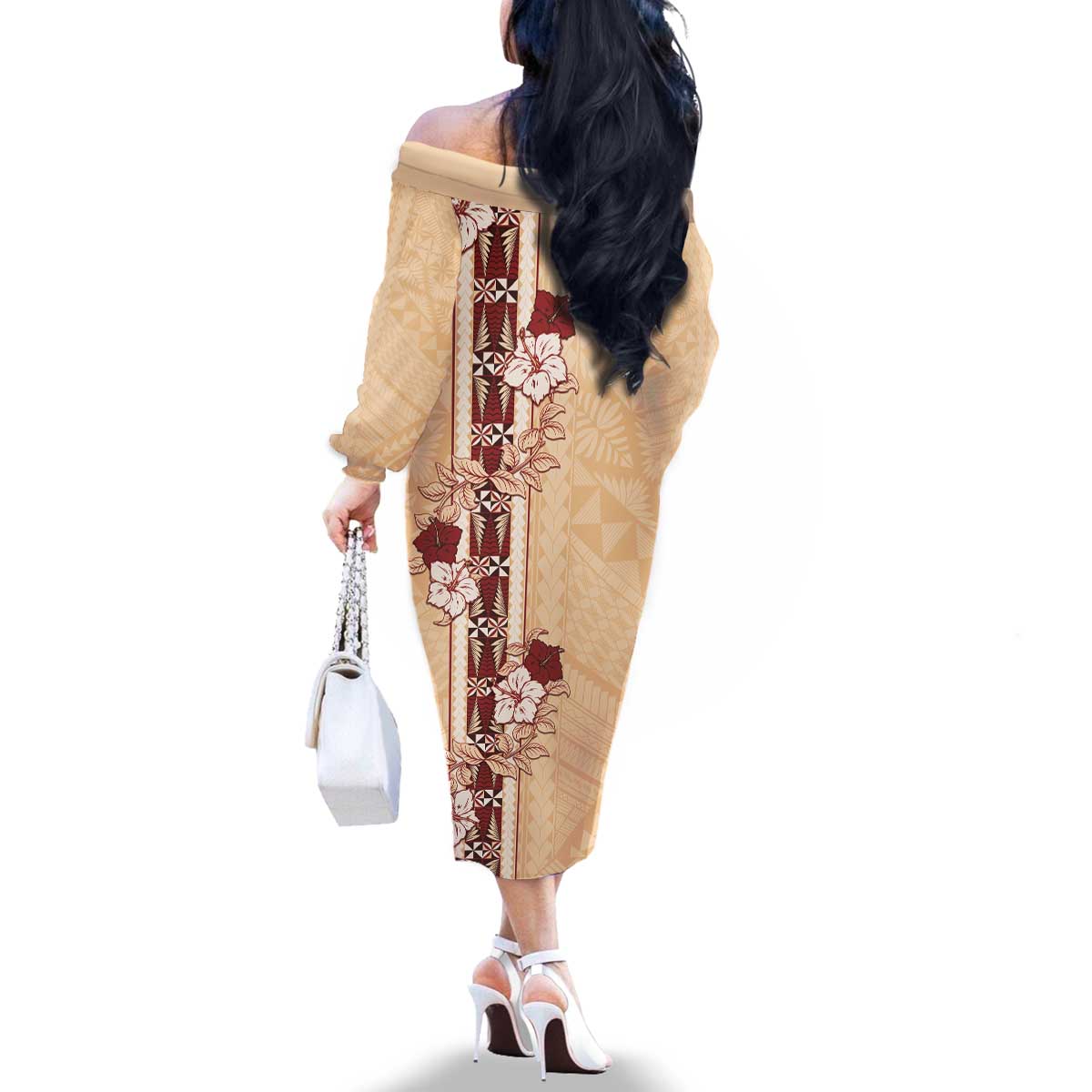 Tonga Language Week Family Matching Off The Shoulder Long Sleeve Dress and Hawaiian Shirt Hibiscus Tongan Ngatu Pattern