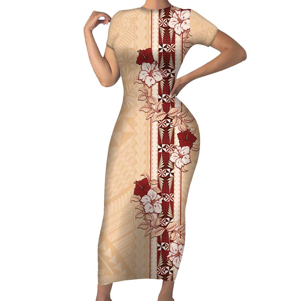 Tonga Language Week Short Sleeve Bodycon Dress Hibiscus Tongan Ngatu Pattern LT05 Long Dress Beige - Polynesian Pride