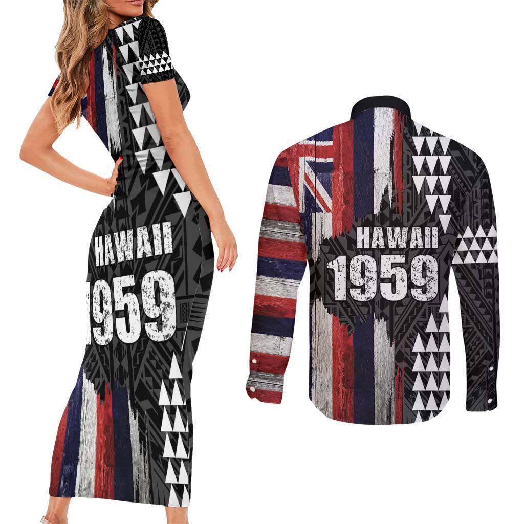Hawaii 1959 Statehood Day Couples Matching Short Sleeve Bodycon Dress and Long Sleeve Button Shirt Classic Style
