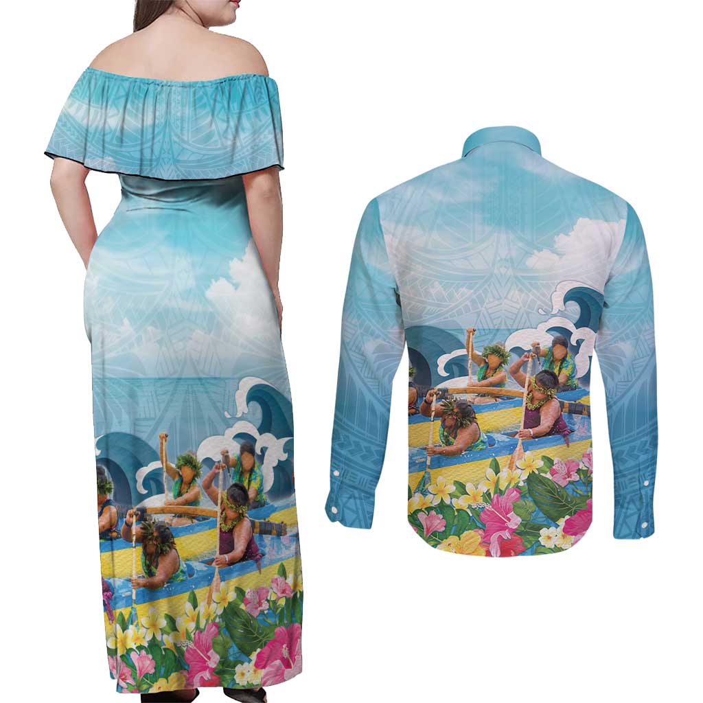 Hawaii Outrigger Canoe Race Couples Matching Off Shoulder Maxi Dress and Long Sleeve Button Shirt Polynesian Style Watercolor Style