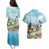Hawaii Outrigger Canoe Race Couples Matching Puletasi and Hawaiian Shirt Polynesian Style Watercolor Style LT05 - Polynesian Pride