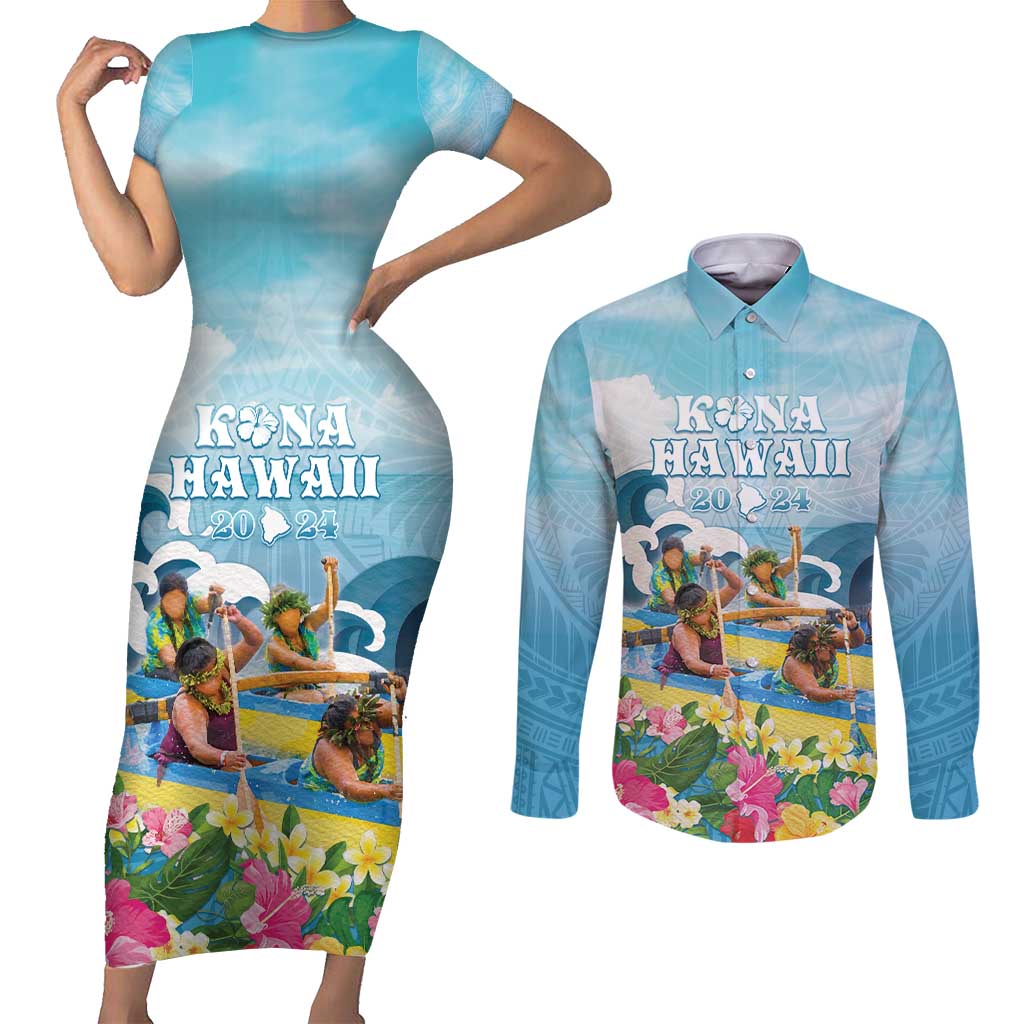 Hawaii Outrigger Canoe Race Couples Matching Short Sleeve Bodycon Dress and Long Sleeve Button Shirt Polynesian Style Watercolor Style