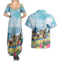 Hawaii Outrigger Canoe Race Couples Matching Summer Maxi Dress and Hawaiian Shirt Polynesian Style Watercolor Style
