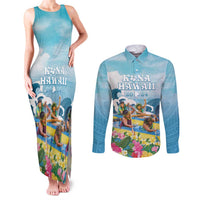 Hawaii Outrigger Canoe Race Couples Matching Tank Maxi Dress and Long Sleeve Button Shirt Polynesian Style Watercolor Style