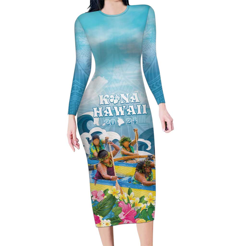 Hawaii Outrigger Canoe Race Family Matching Long Sleeve Bodycon Dress and Hawaiian Shirt Polynesian Style Watercolor Style LT05 Mom's Dress Blue - Polynesian Pride