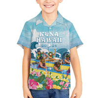 Hawaii Outrigger Canoe Race Family Matching Long Sleeve Bodycon Dress and Hawaiian Shirt Polynesian Style Watercolor Style LT05 Son's Shirt Blue - Polynesian Pride