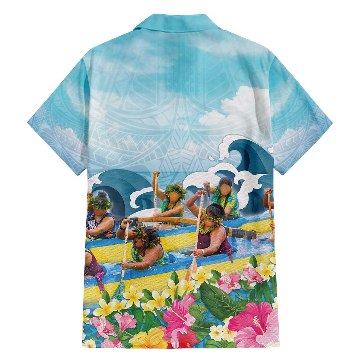 Hawaii Outrigger Canoe Race Family Matching Off The Shoulder Long Sleeve Dress and Hawaiian Shirt Polynesian Style Watercolor Style
