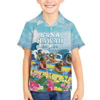 Hawaii Outrigger Canoe Race Family Matching Off Shoulder Short Dress and Hawaiian Shirt Polynesian Style Watercolor Style
