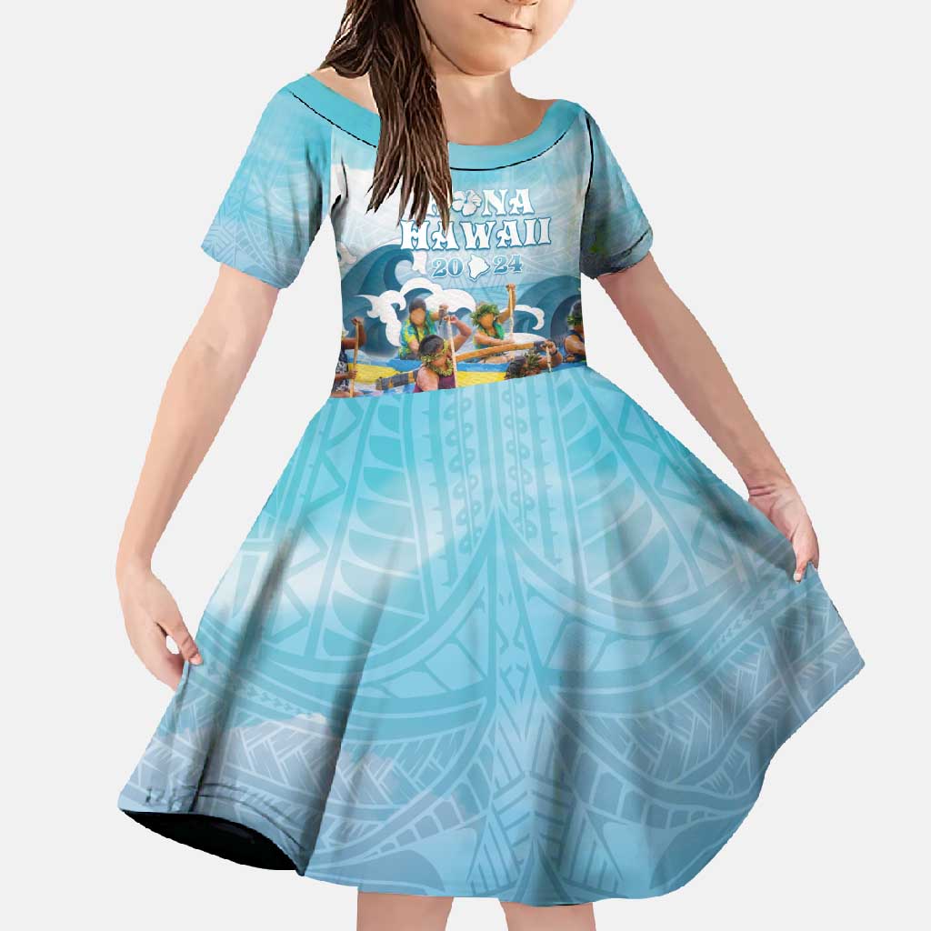 Hawaii Outrigger Canoe Race Family Matching Short Sleeve Bodycon Dress and Hawaiian Shirt Polynesian Style Watercolor Style LT05 Daughter's Dress Blue - Polynesian Pride