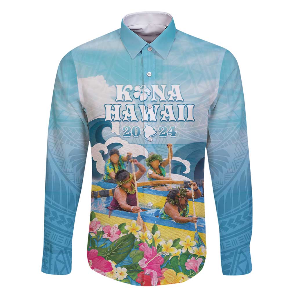 Hawaii Outrigger Canoe Race Family Matching Short Sleeve Bodycon Dress and Hawaiian Shirt Polynesian Style Watercolor Style LT05 Dad's Shirt - Long Sleeve Blue - Polynesian Pride