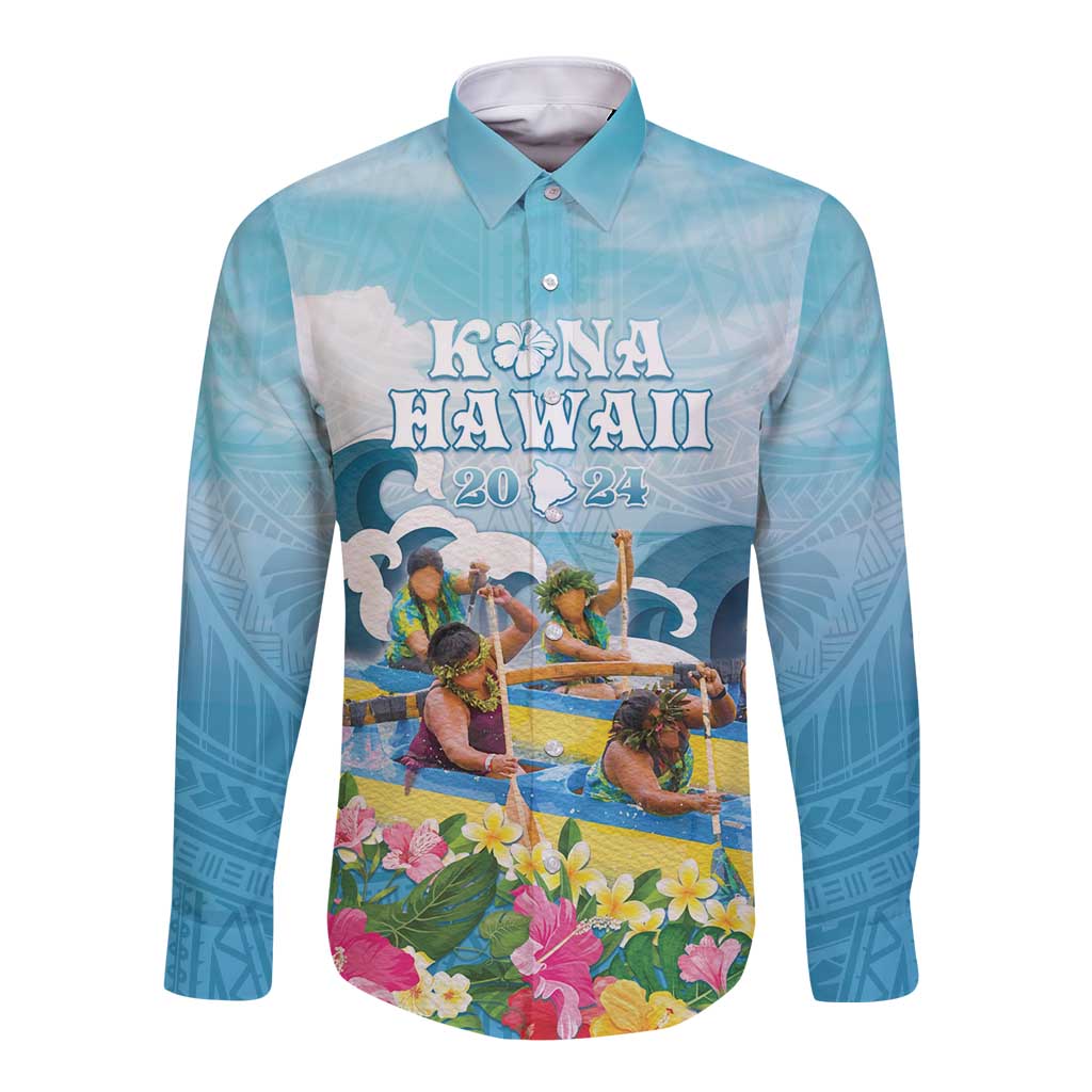 Hawaii Outrigger Canoe Race Long Sleeve Button Shirt Polynesian Style Watercolor Style LT05 Unisex Blue - Polynesian Pride
