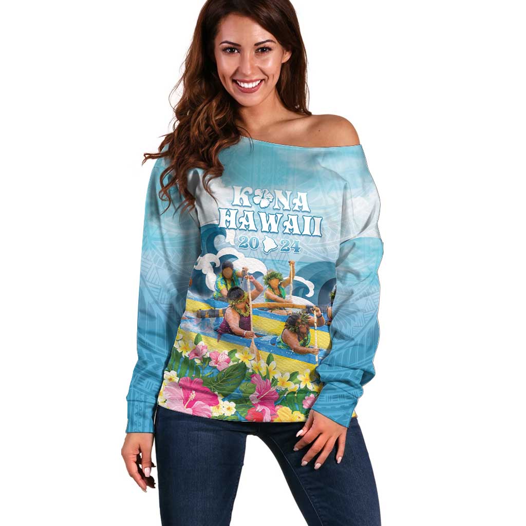 Hawaii Outrigger Canoe Race Off Shoulder Sweater Polynesian Style Watercolor Style