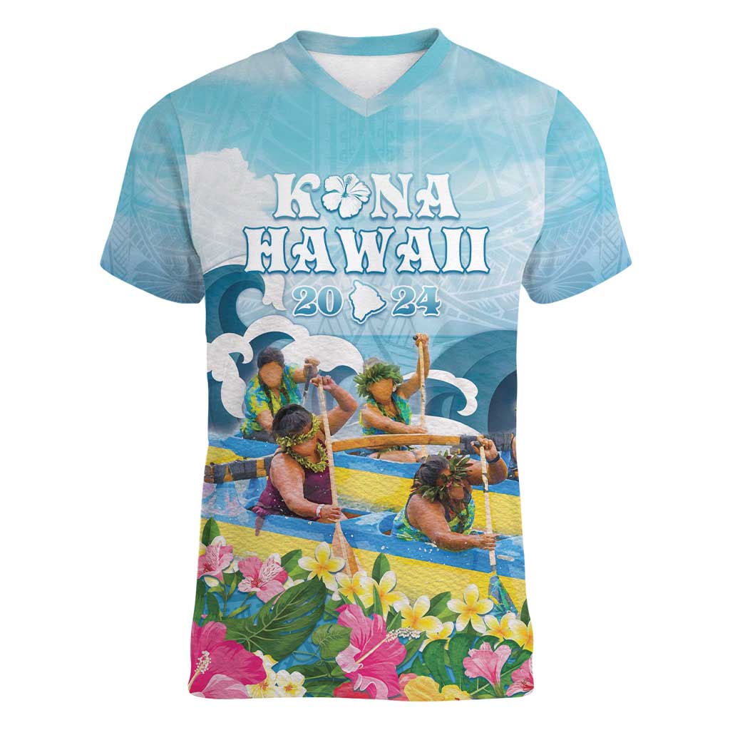 Hawaii Outrigger Canoe Race Women V-Neck T-Shirt Polynesian Style Watercolor Style LT05 Female Blue - Polynesian Pride