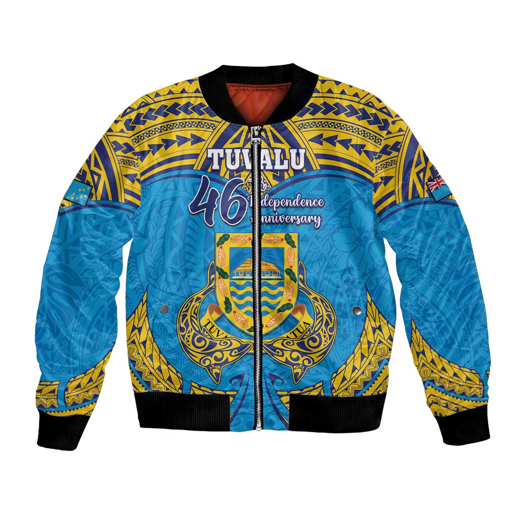 Personalised Tuvalu Independence Day Bomber Jacket Coat Of Arms With Polynesian Dolphin Tattoo